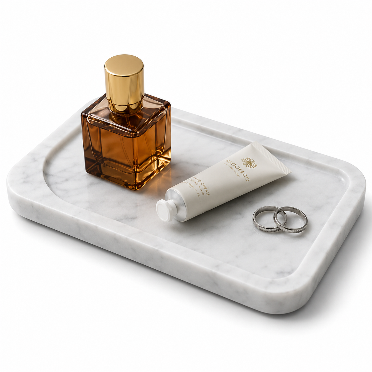 White marble vanity tray with soft grey Carrara-style veining