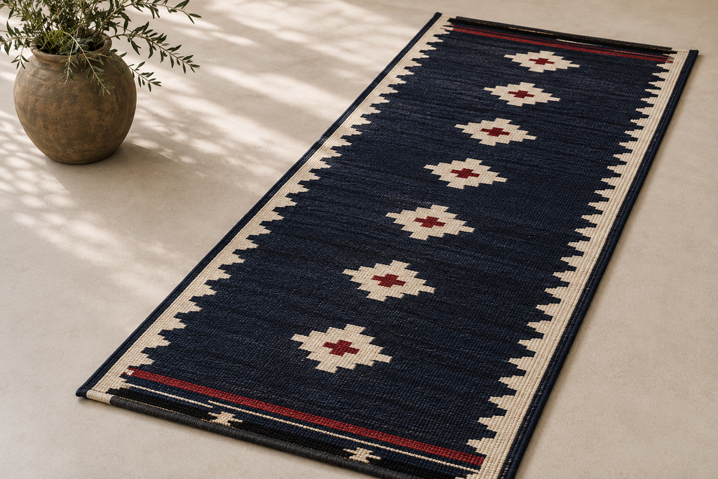 Hand-Loomed Wool Kilim Stair Runner – Southwestern Geometric, navy blue runner