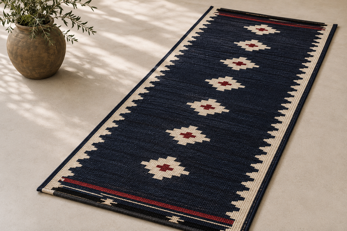 Hand-Loomed Wool Kilim Stair Runner – Southwestern Geometric, navy blue runner