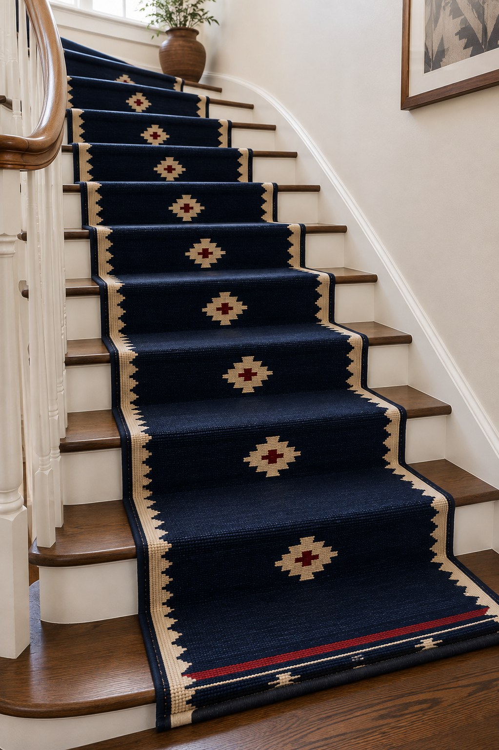 Hand-Loomed Wool Kilim Stair Runner – Southwestern Geometric, navy blue runner