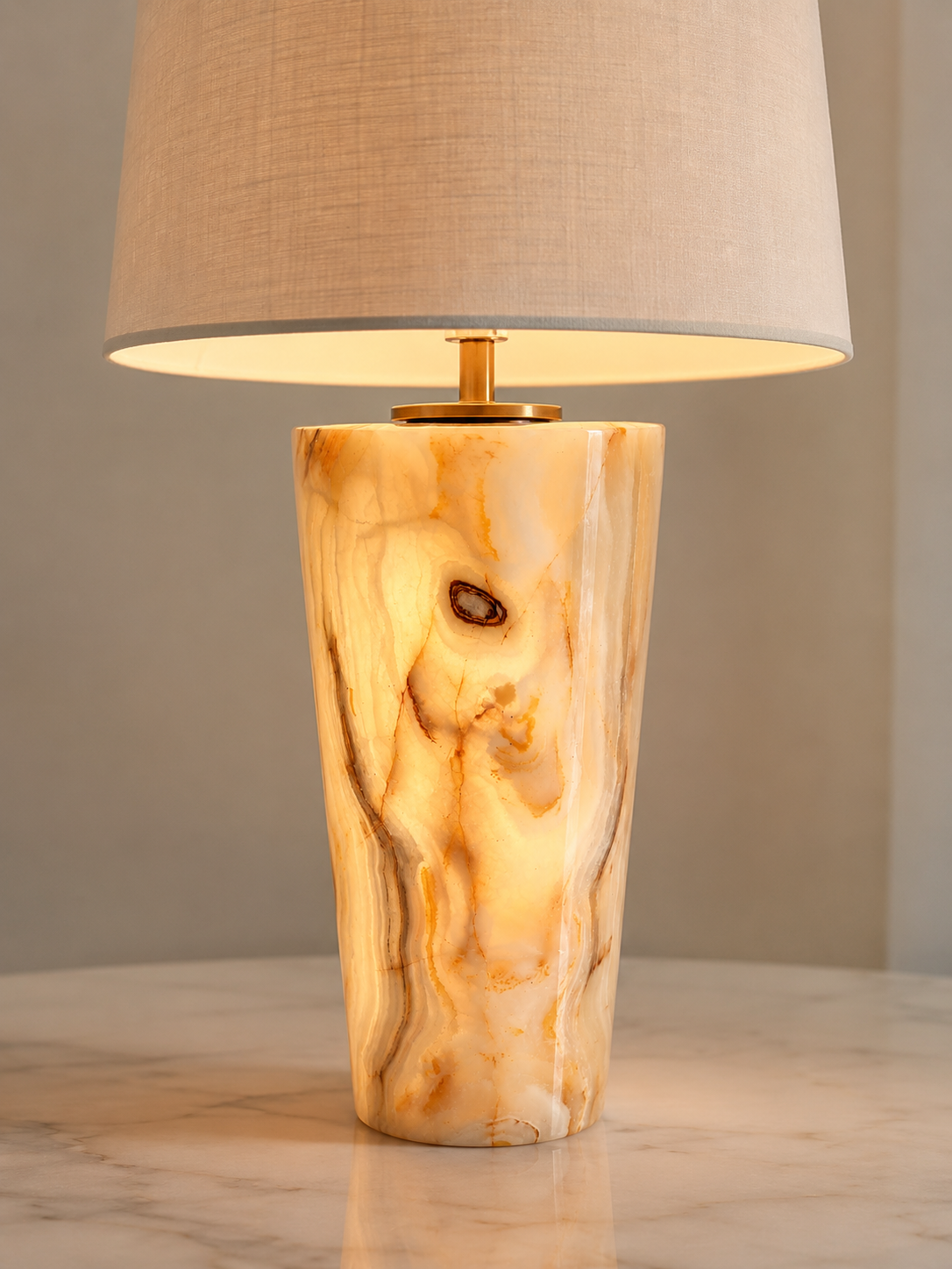Hand-carved honey onyx cylinder lamp base with brass hardware – view 2