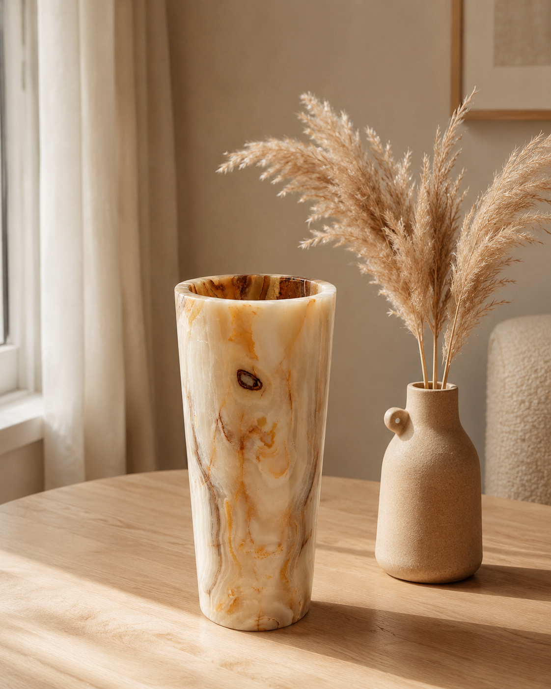 Hand-carved honey onyx vase with warm golden veining