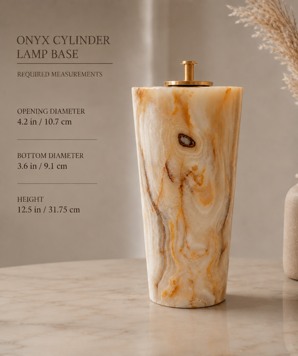 Hand-carved honey onyx cylinder lamp base with brass hardware