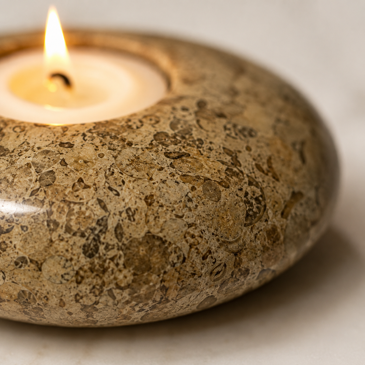 Pebble Fossil Stone Tealight Holder — Hand Carved