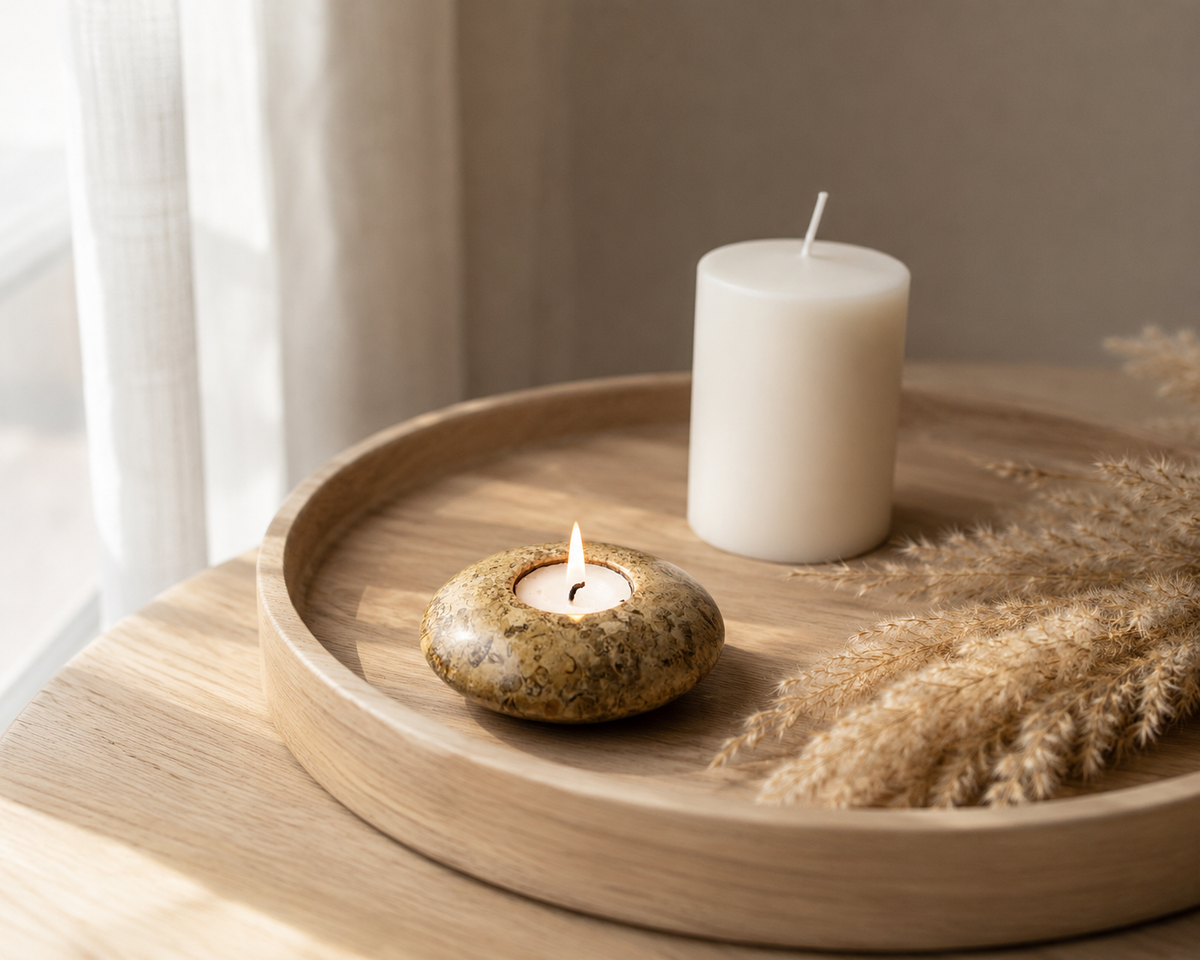 Pebble Fossil Stone Tealight Holder — Hand Carved