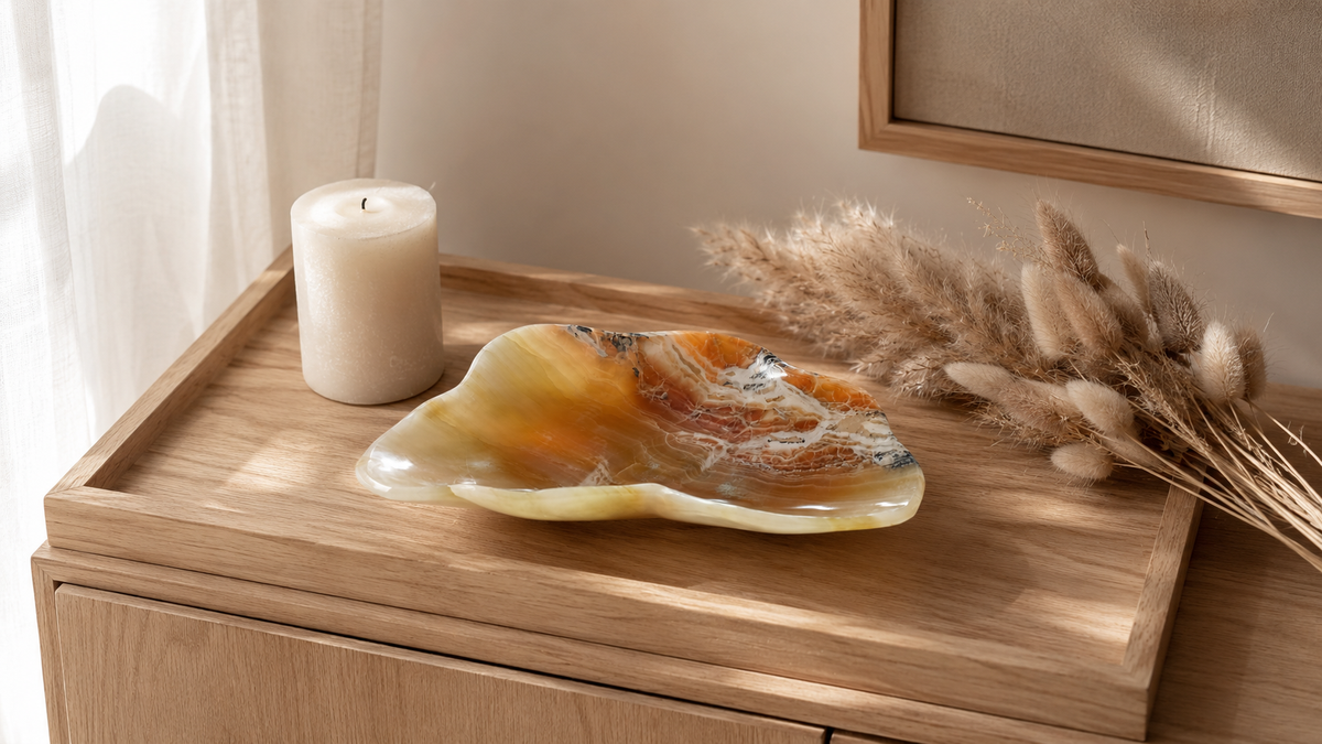 Hand-carved freeform honey onyx bowl with amber banding