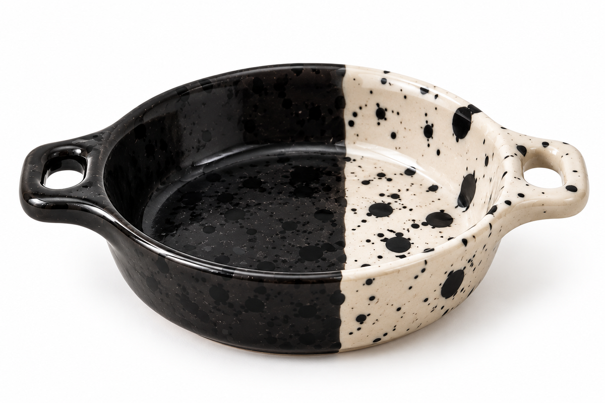 Splatter Handled Dish — Black & Cream Ceramic