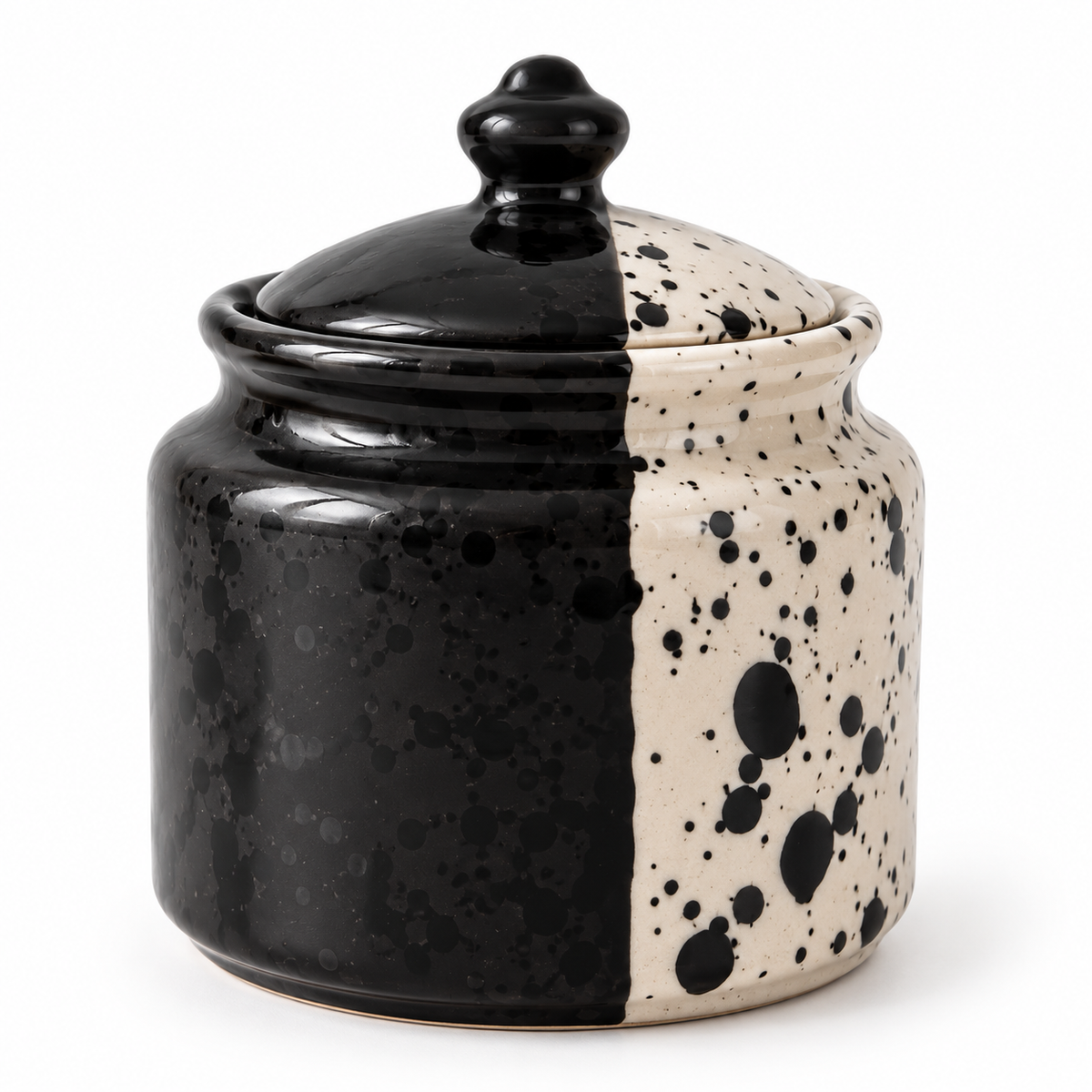 Splatter Sugar Jar — Lidded Black & Cream Ceramic