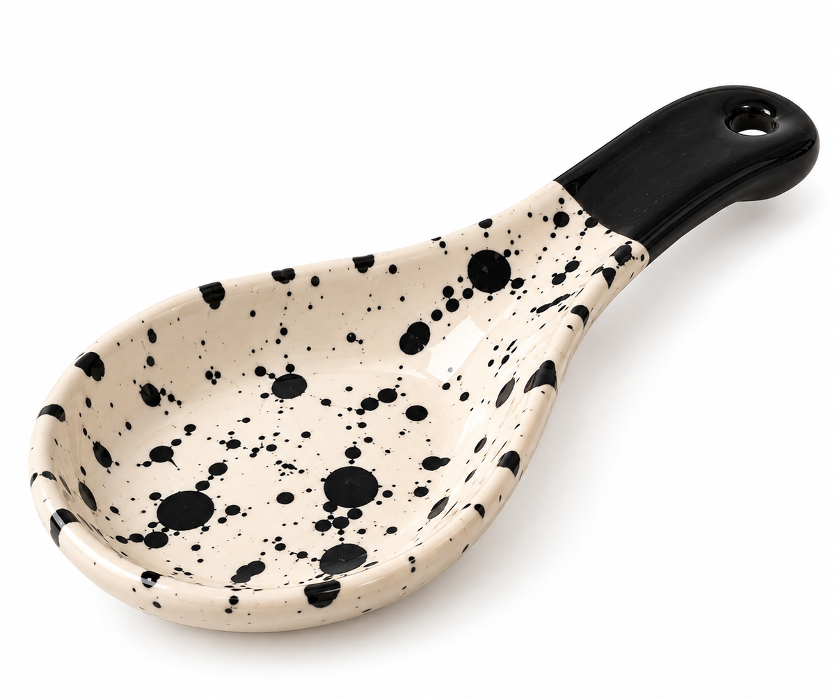 Splatter Spoon Rest — Black & Cream Ceramic