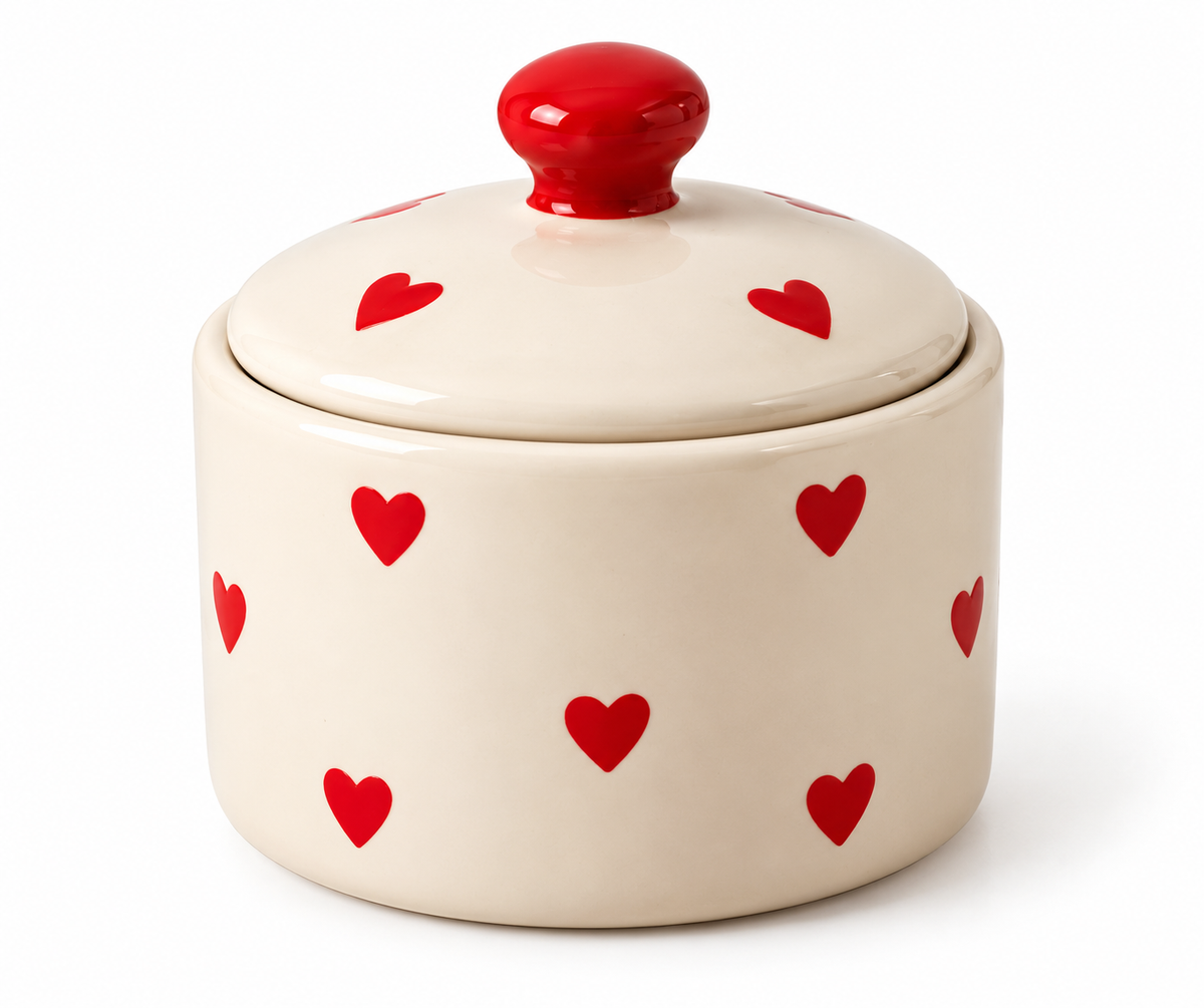 Heart Sugar Jar — Red Hearts on Cream Ceramic