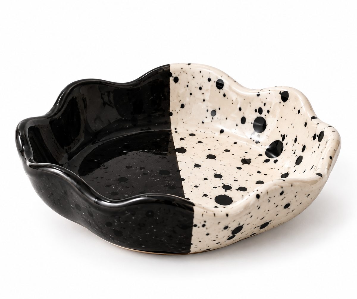 Splatter Scalloped Bowl — Black & Cream Ceramic