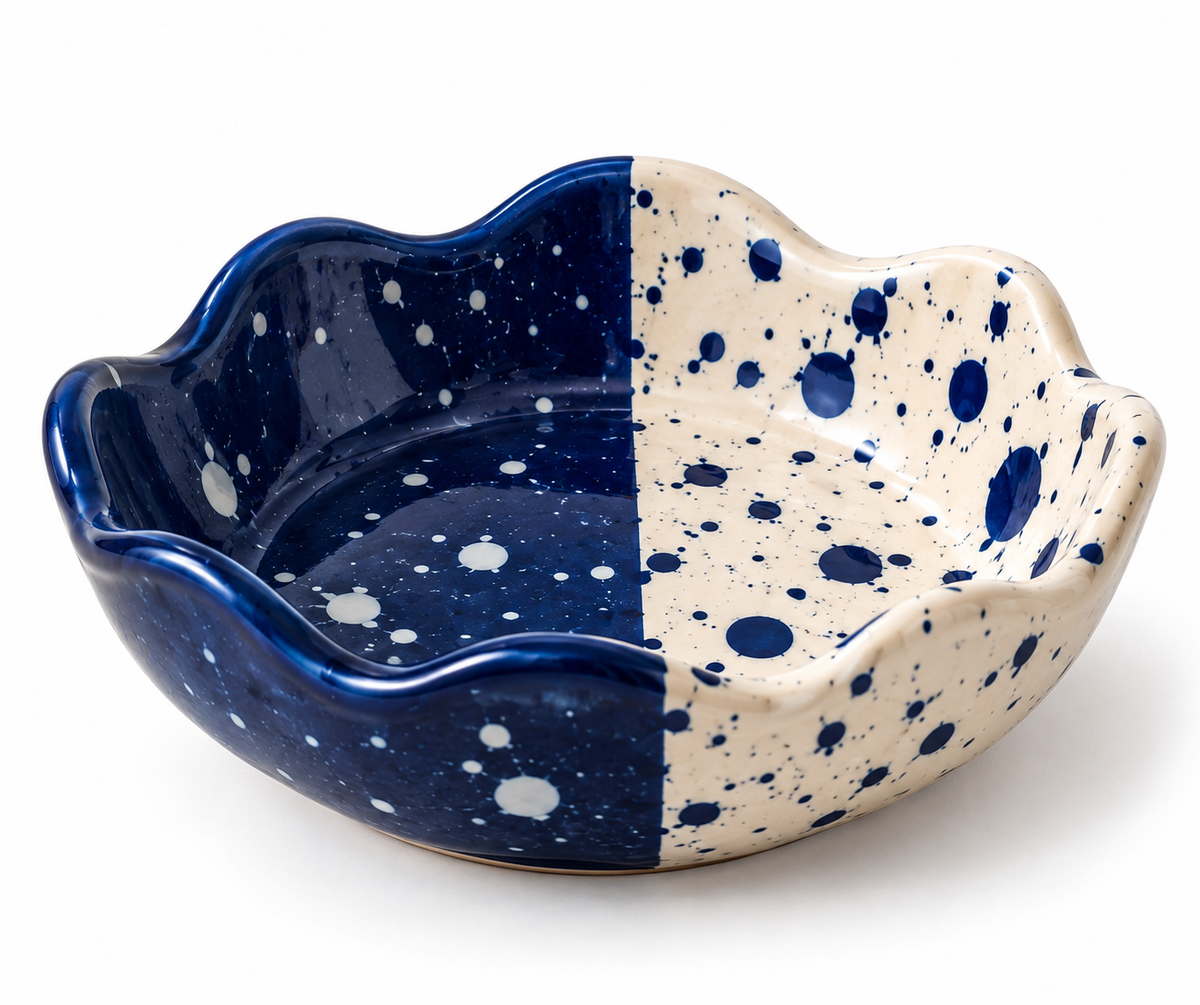 Splatter Scalloped Bowl — Navy & Cream Ceramic