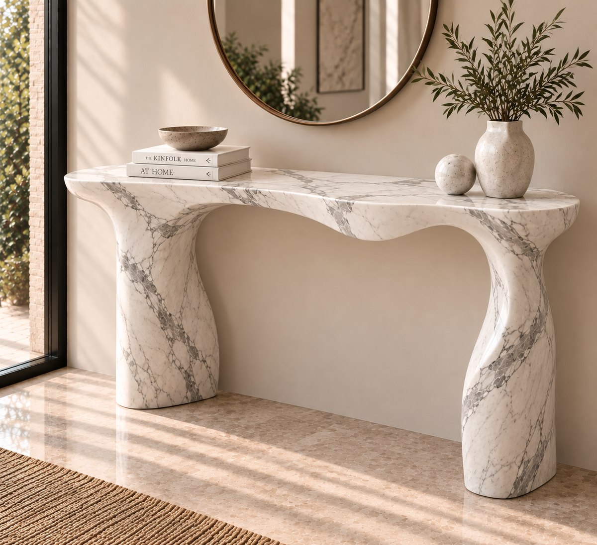 White Carrara-style marble console table with wavy top and twisted legs