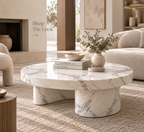 White Marble Round Coffee Table — Sculptural Arch Base