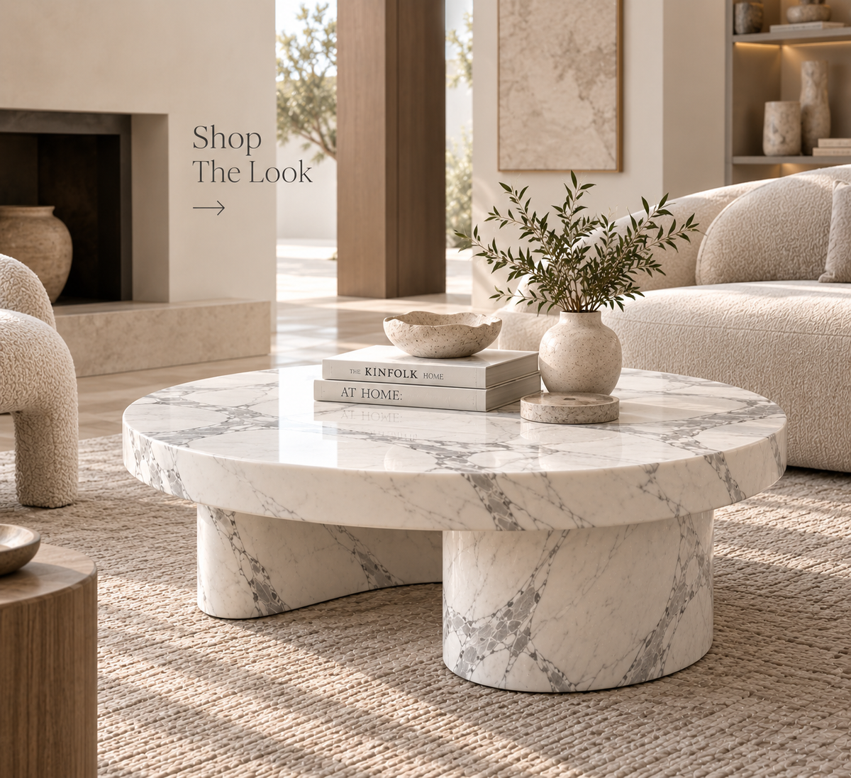 White Marble Round Coffee Table — Sculptural Arch Base