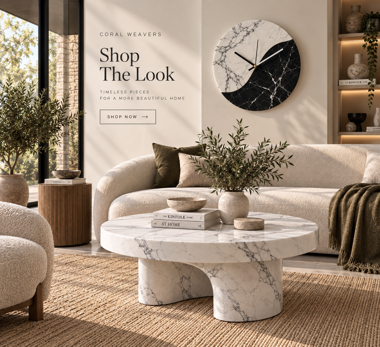 White Marble Round Coffee Table — Sculptural Arch Base