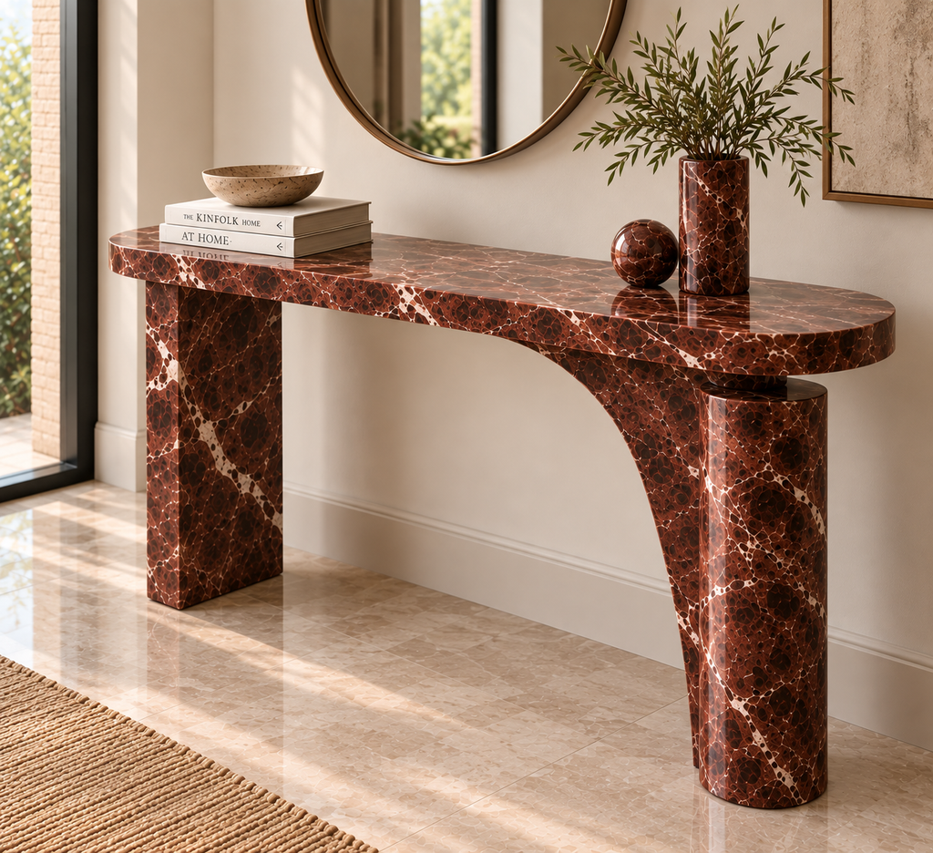 Rosso Levanto burgundy marble console table with asymmetric sculptural base – view 2