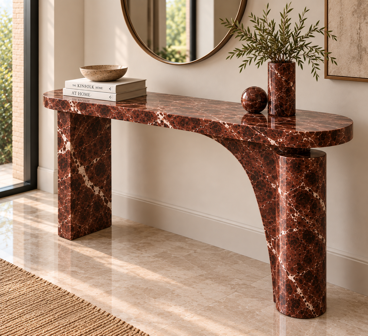 Rosso Levanto burgundy marble console table with asymmetric sculptural base – view 2