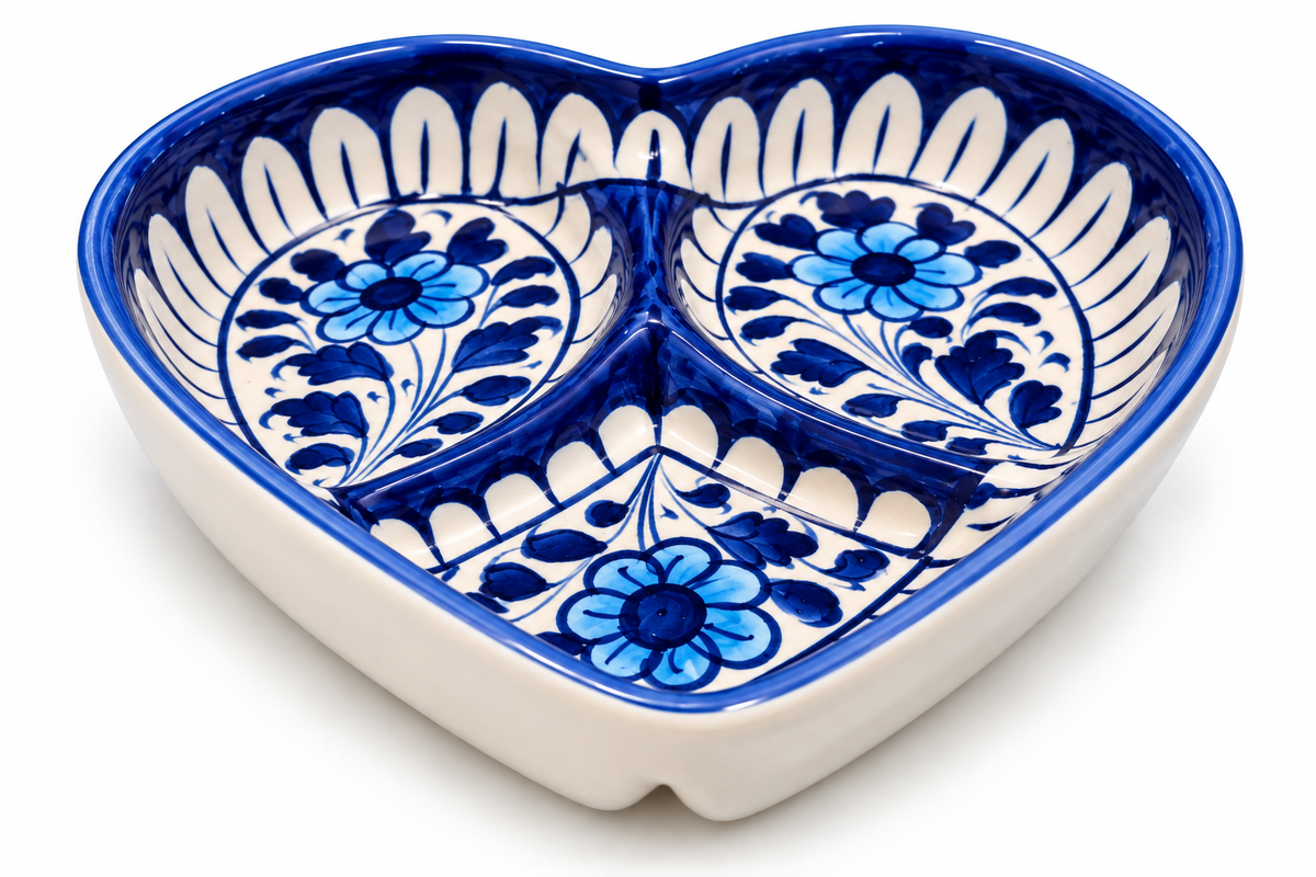 Blue Pottery Heart Dish — Three-Way Divided