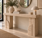 Travertine Console Table — Sculptural Block Legs with Arch Accent
