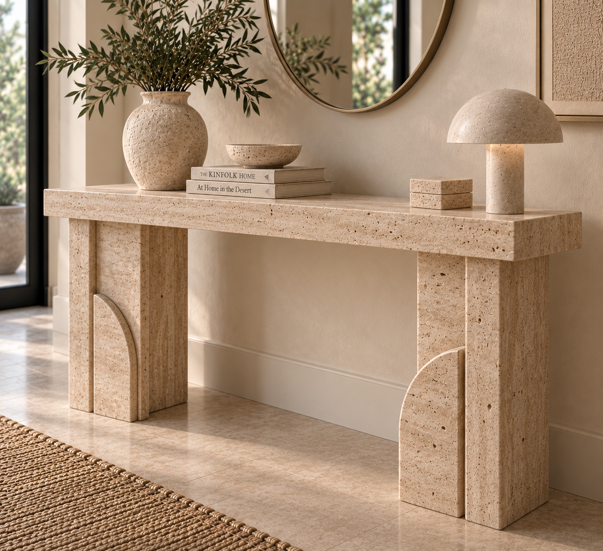 Travertine Console Table — Sculptural Block Legs with Arch Accent