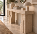 Travertine Console Table — Sculptural Block Legs with Arch Accent