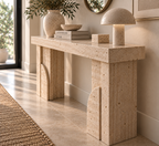 Travertine Console Table — Sculptural Block Legs with Arch Accent