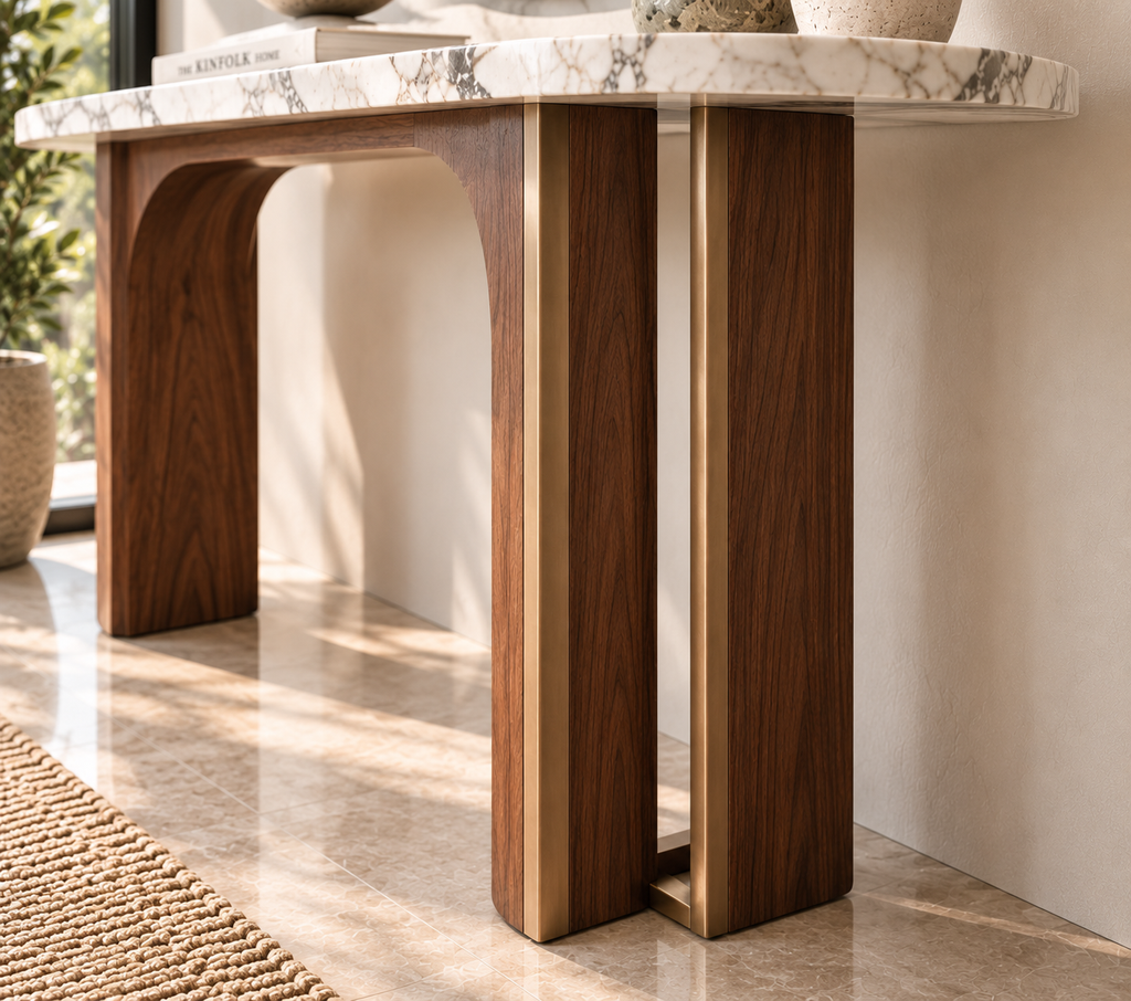 White marble and walnut console table with arched legs and brass inlay – view 3