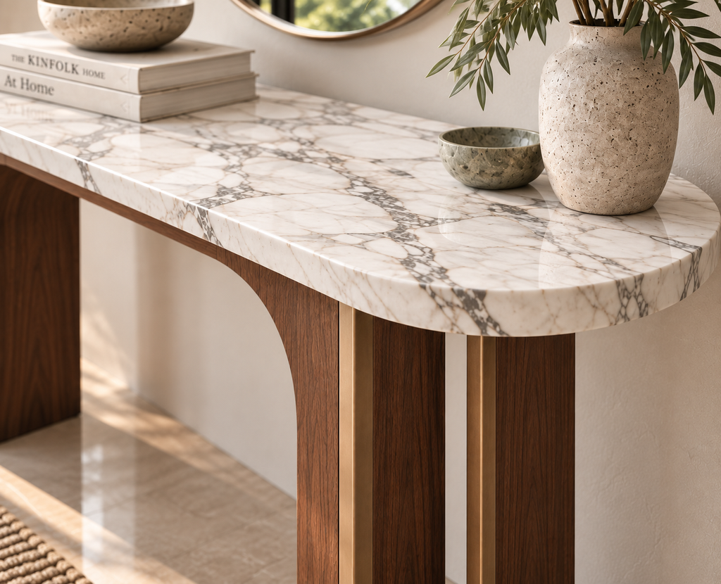 White marble and walnut console table with arched legs and brass inlay – view 2