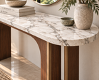 White marble and walnut console table with arched legs and brass inlay – view 2