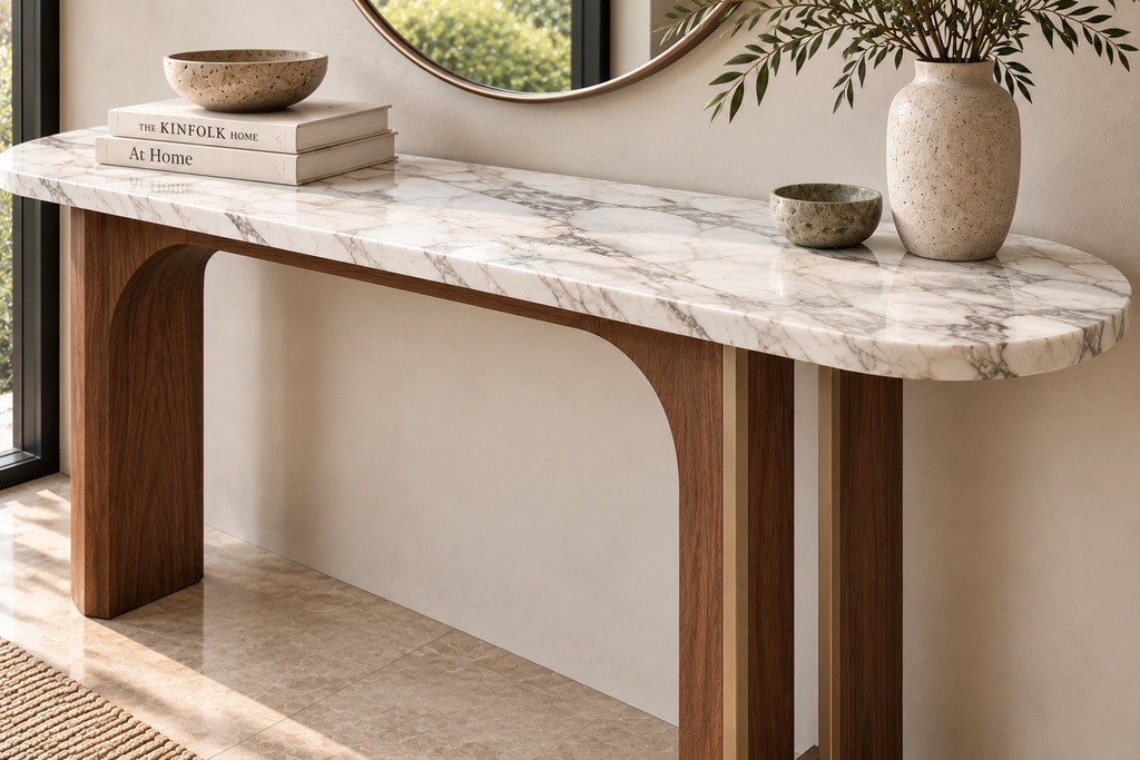 White marble and walnut console table with arched legs and brass inlay