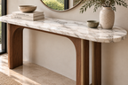 White marble and walnut console table with arched legs and brass inlay