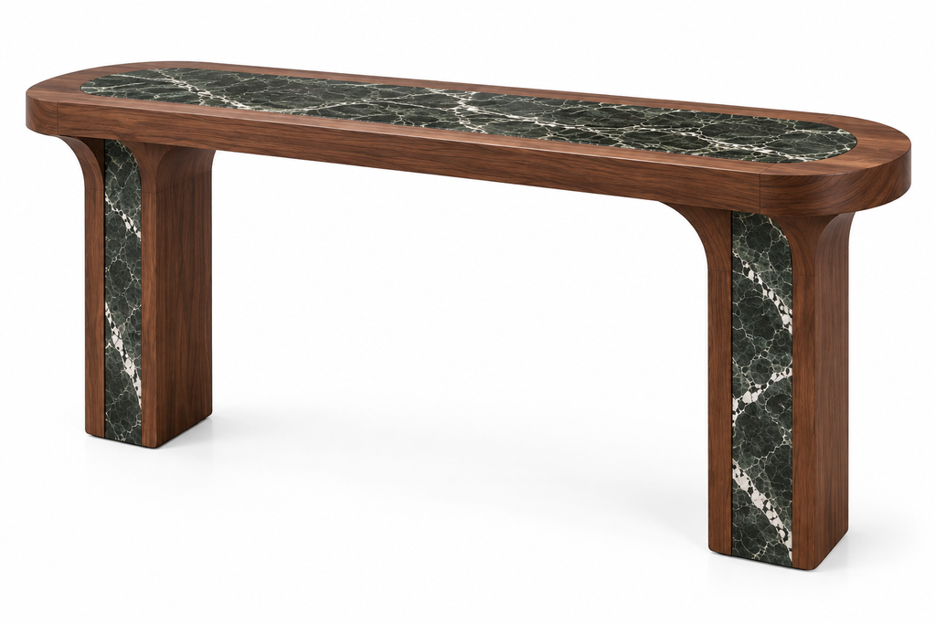 Green marble and walnut console table with arched marble-inlay legs – view 3