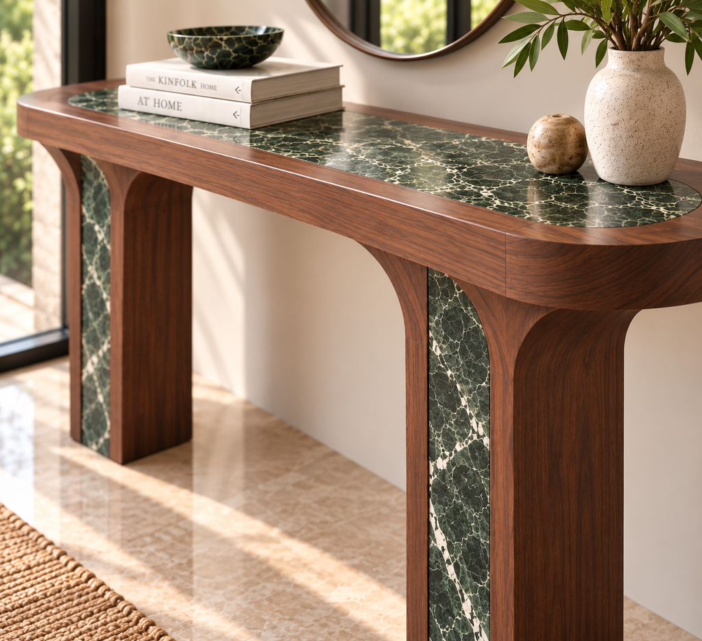 Green marble and walnut console table with arched marble-inlay legs – view 2