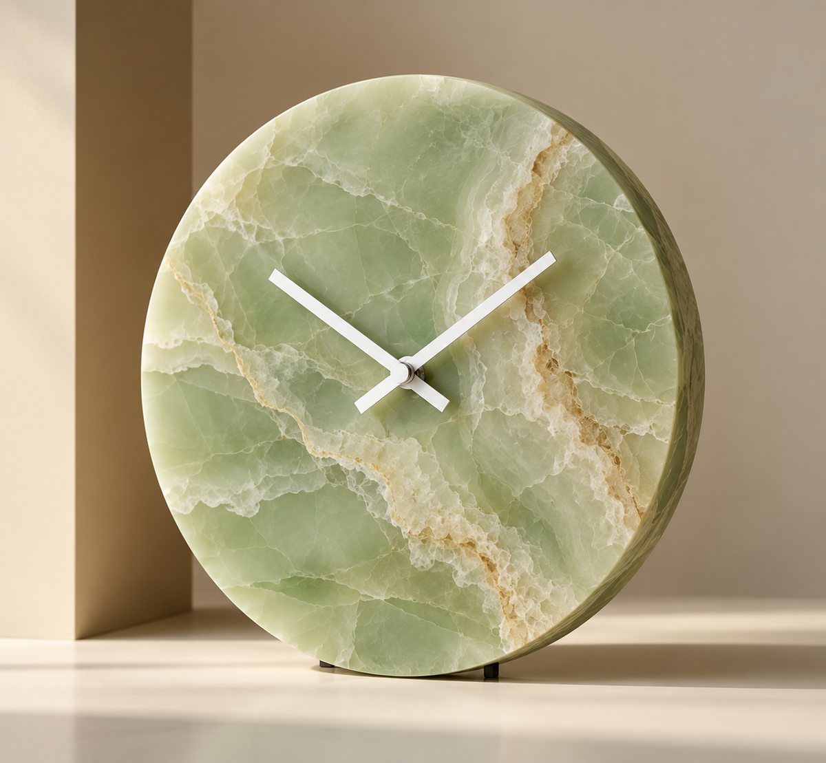 Green onyx table clock with translucent glow and golden veining