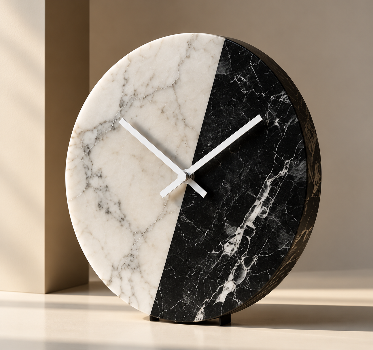 White & Black Marble Wall Clock — Diagonal Split