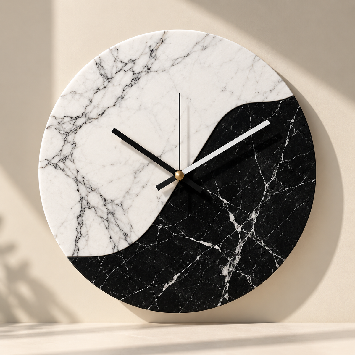 Black and white marble wall clock with wave-cut split