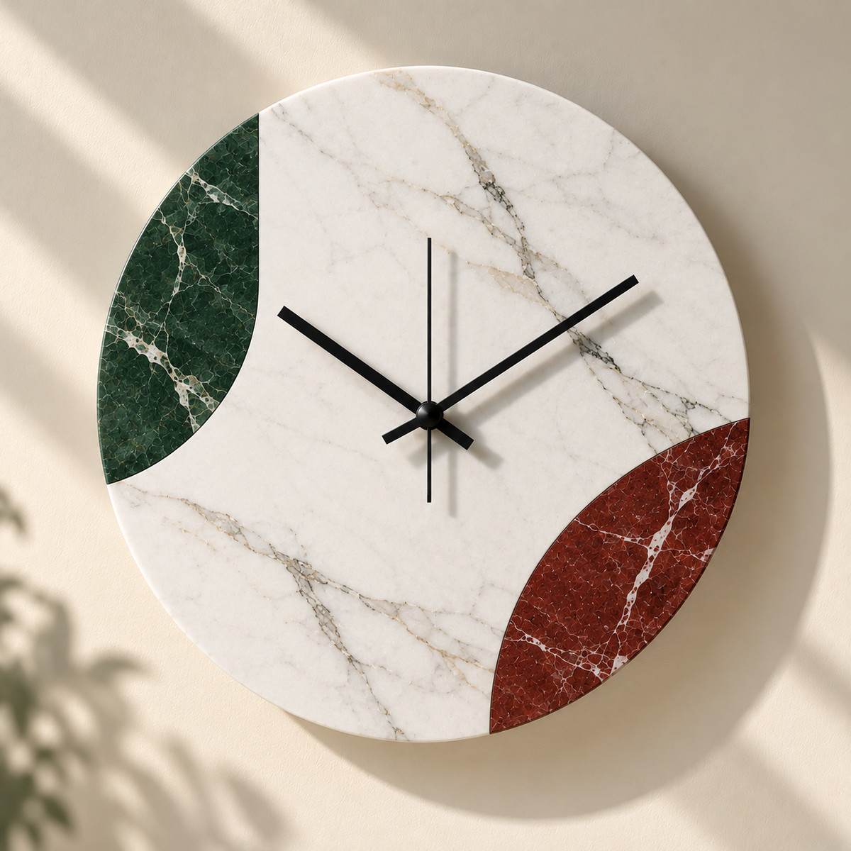 Tricolor marble wall clock in white, green and red marble