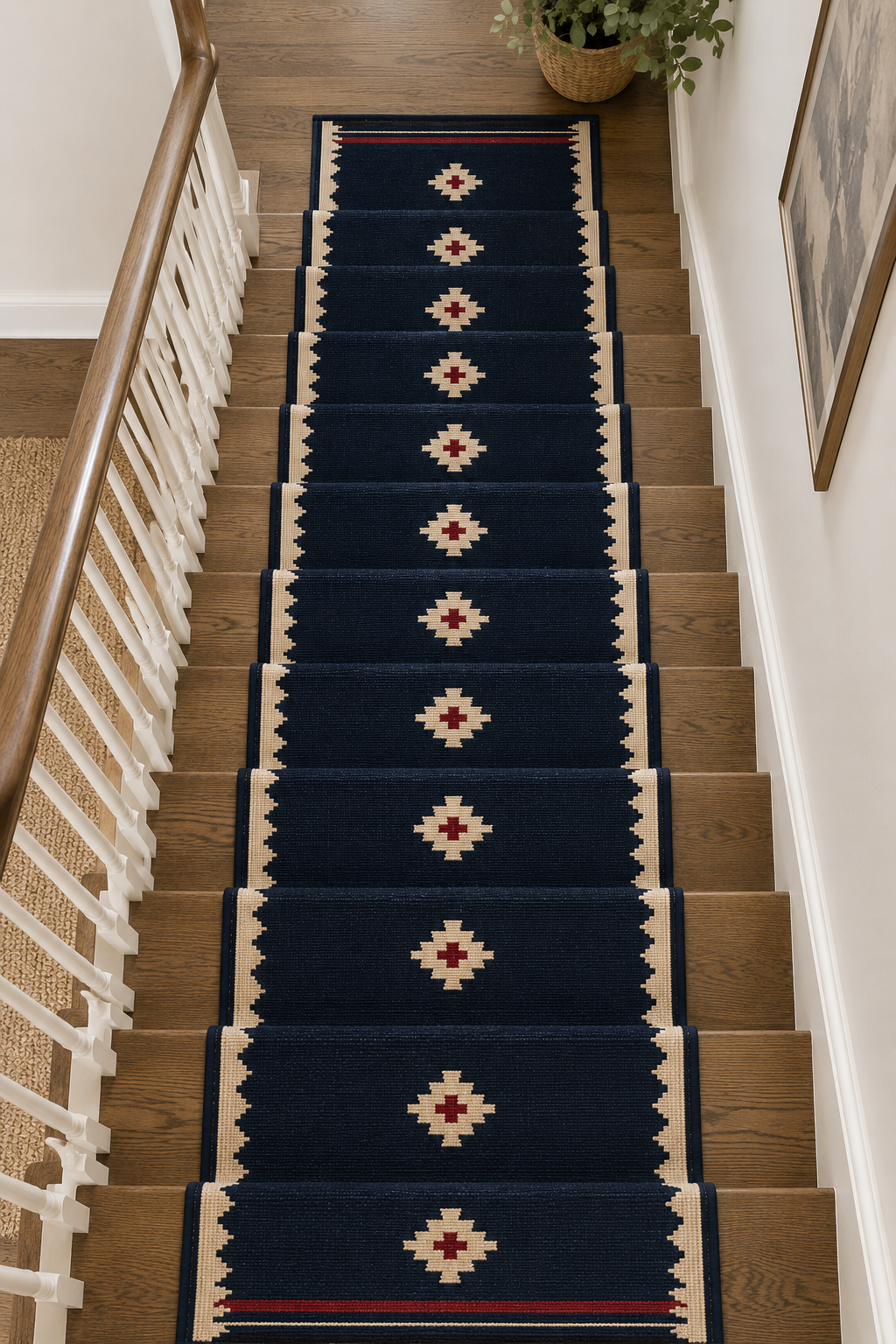 Hand-Loomed Wool Kilim Stair Runner – Southwestern Geometric, navy blue runner