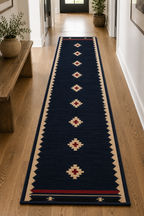 Hand-Loomed Wool Kilim Stair Runner – Southwestern Geometric, navy blue runner