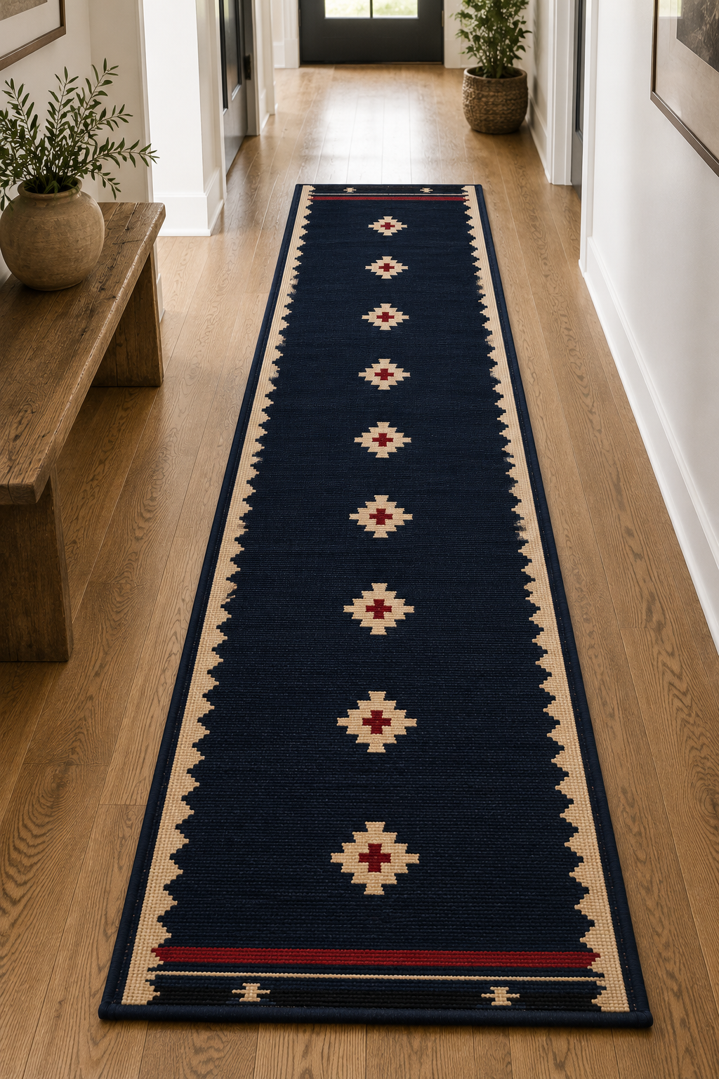 Hand-Loomed Wool Kilim Stair Runner – Southwestern Geometric, navy blue runner