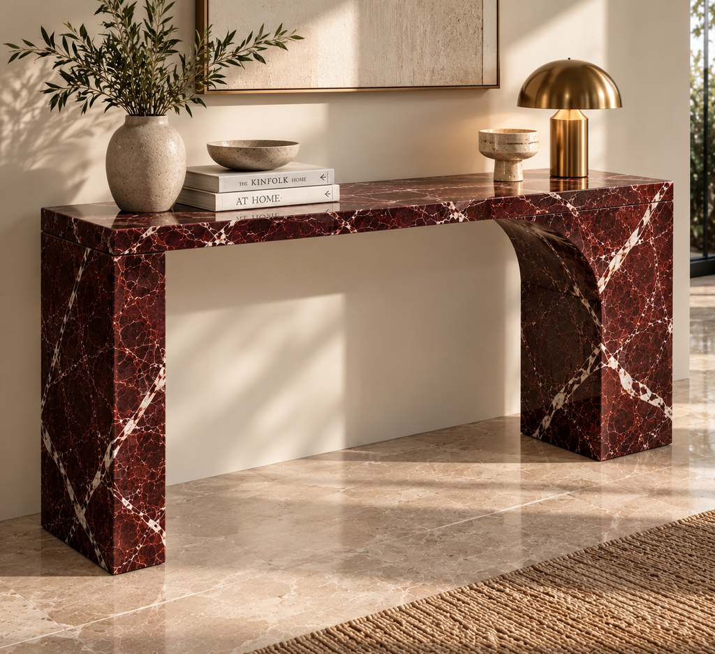 Rosso Levanto Marble Console Table — Arched Waterfall Base