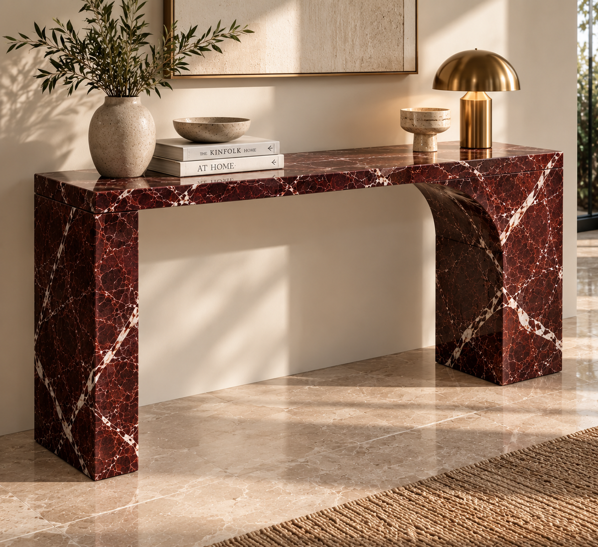 Rosso Levanto Marble Console Table — Arched Waterfall Base