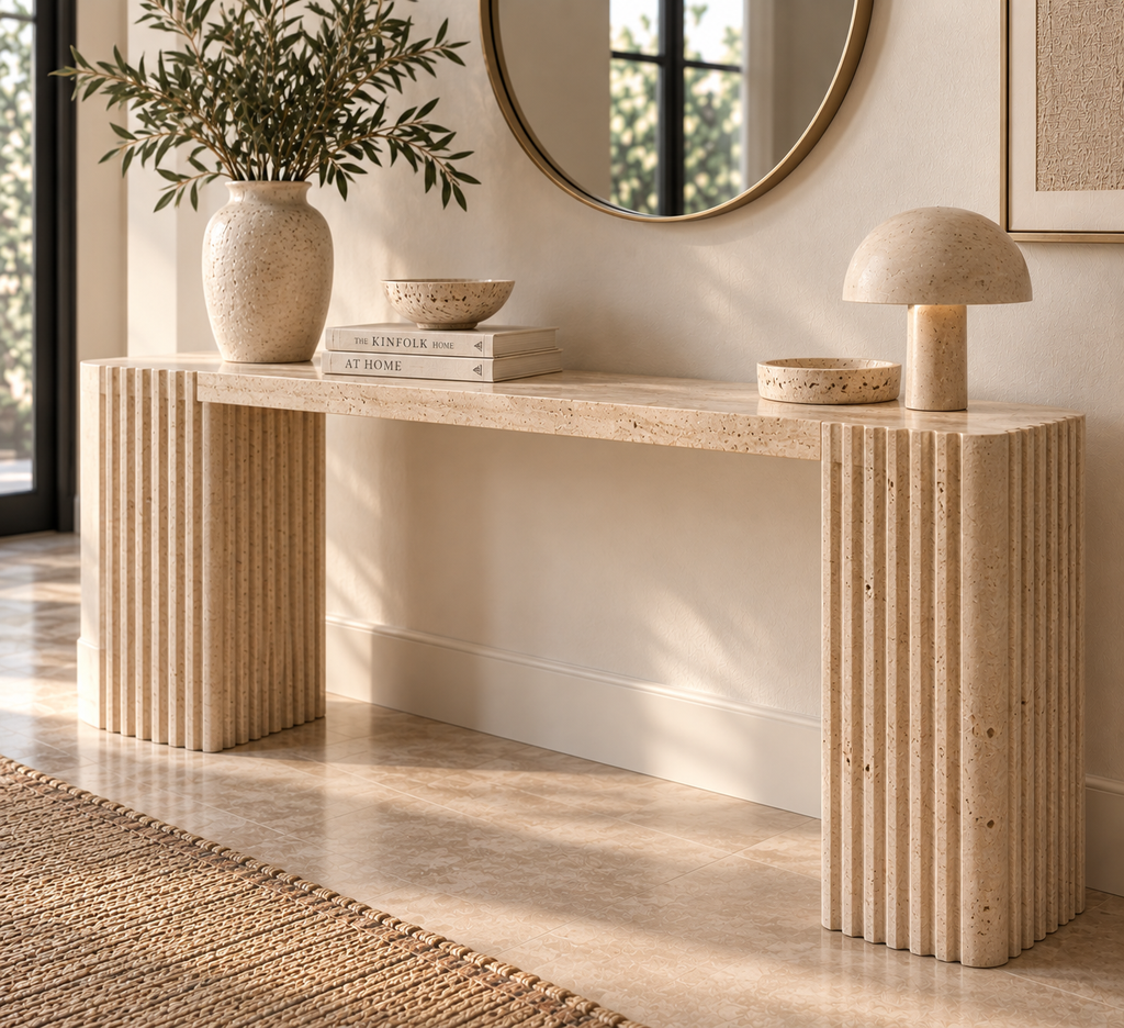Hand-carved travertine console table with asymmetric slab and fluted leg – view 3