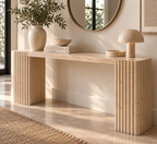 Hand-carved travertine console table with asymmetric slab and fluted leg – view 3