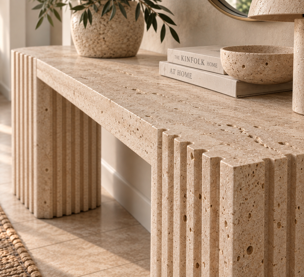 Hand-carved travertine console table with asymmetric slab and fluted leg – view 4