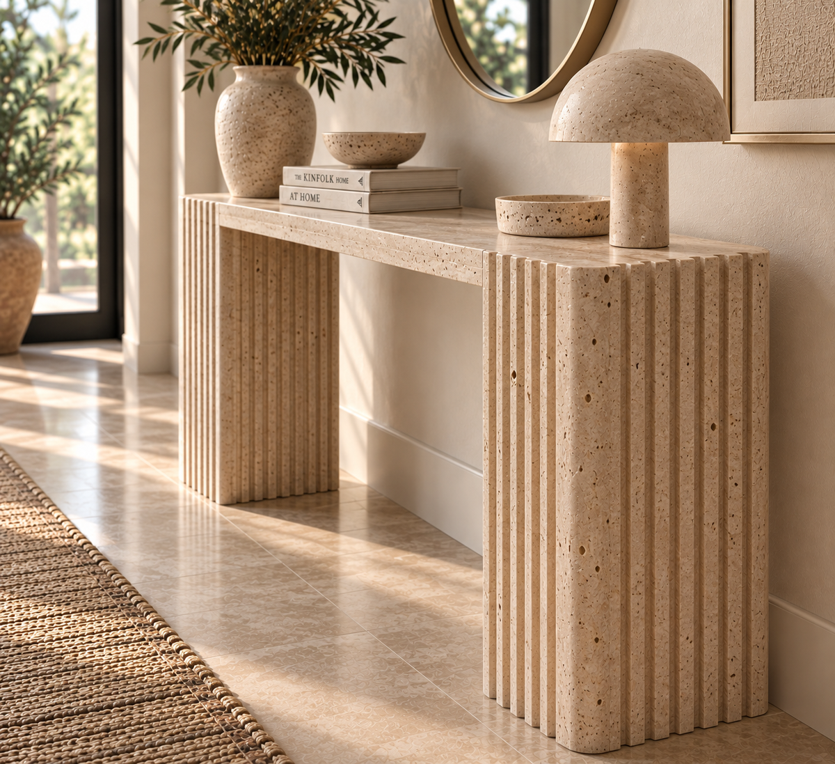 Hand-carved travertine console table with asymmetric slab and fluted leg