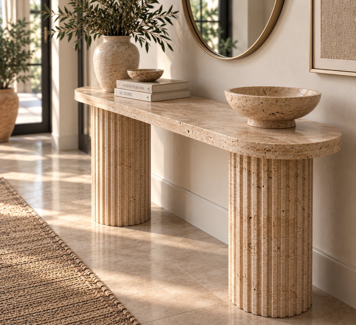 Hand-carved travertine console table with fluted column legs – view 4