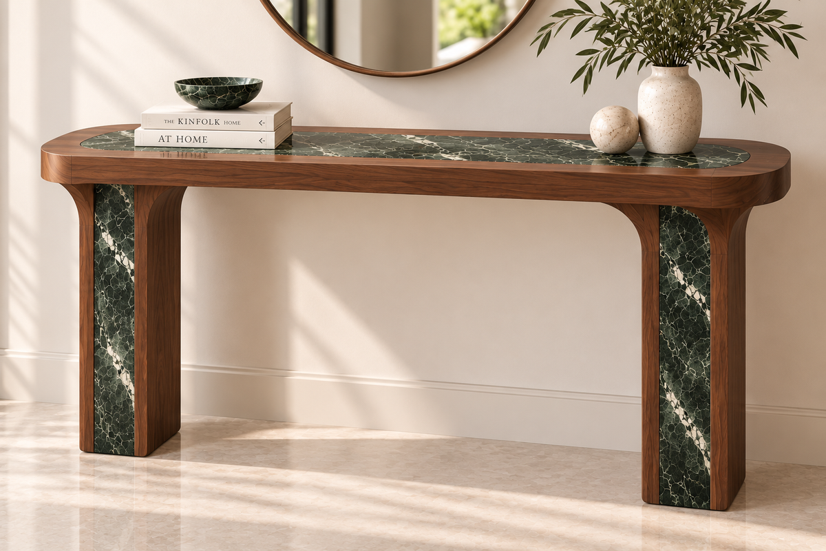 Green marble and walnut console table with arched marble-inlay legs – view 4