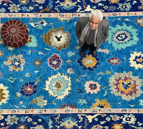 Hand Knotted blue shades oushak wool Rug – Traditional Floral Area Rug